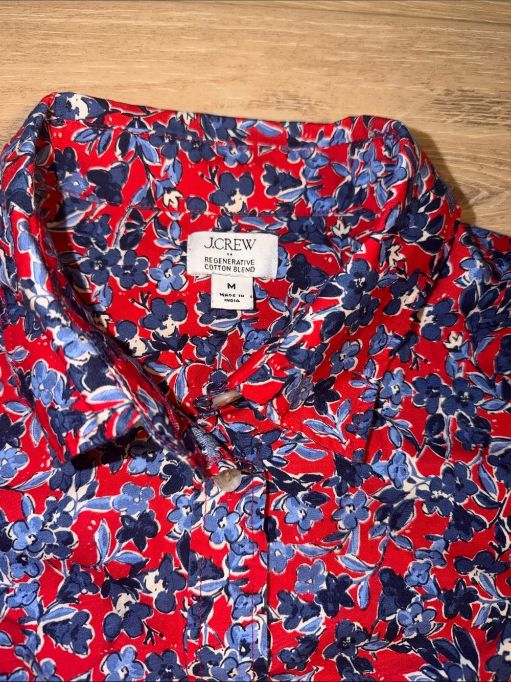 J. Crew Liberty Art floral shirt features a red and blue botanical print medium